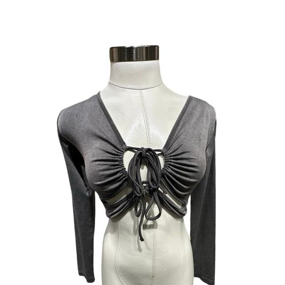 ZARA Charcoal Grey Ruched Tie Front Long Sleeve Crop Top - Sexy & Trendy - Picture 6 of 9